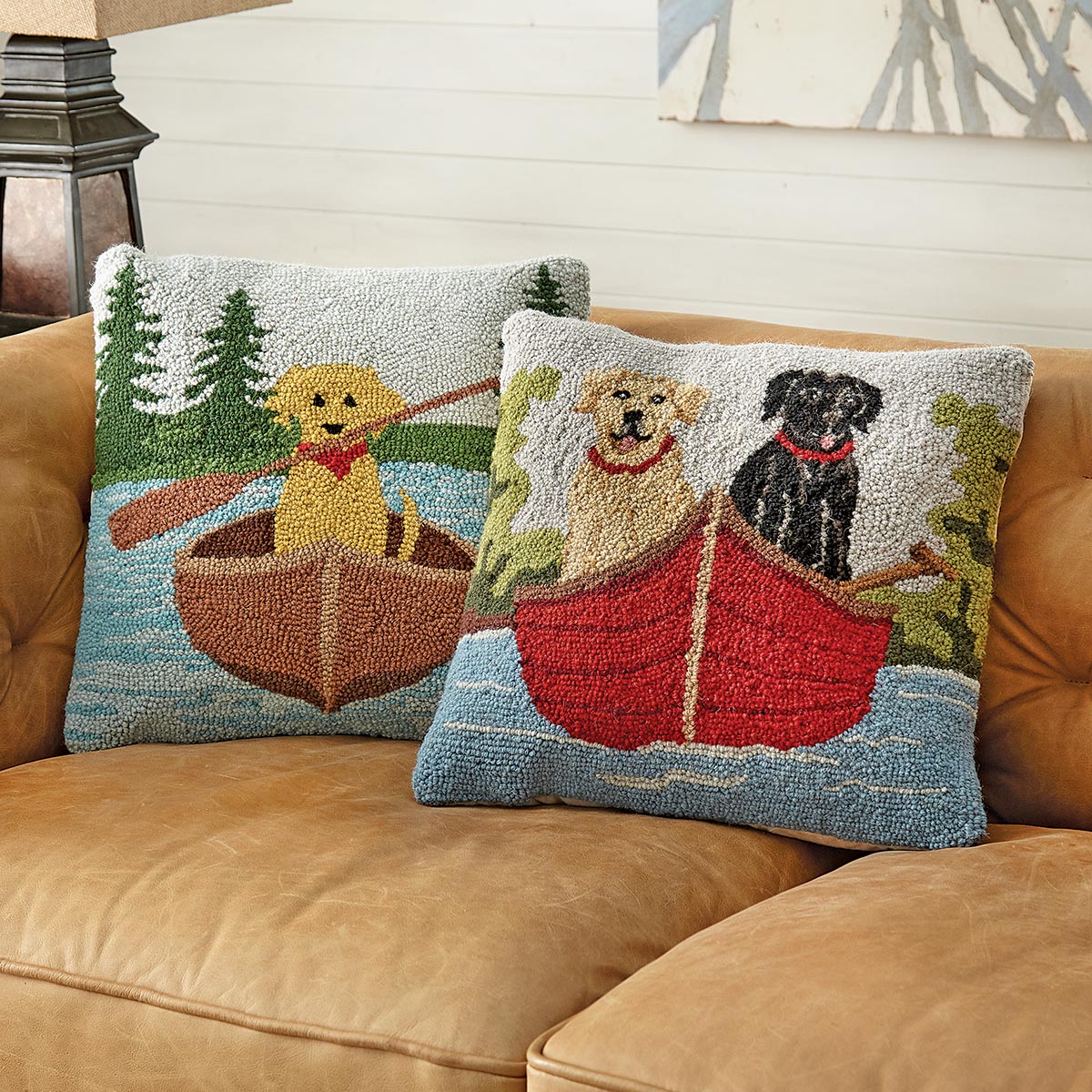Canoe Dogs Hooked Pillows