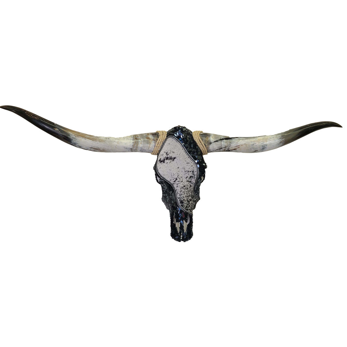 Authentic Longhorn Skull with Salt & Pepper Cowhide & Black Glass - OVERSTOCK