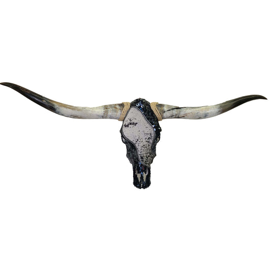 Authentic Longhorn Skull with Salt & Pepper Cowhide & Black Glass - OVERSTOCK
