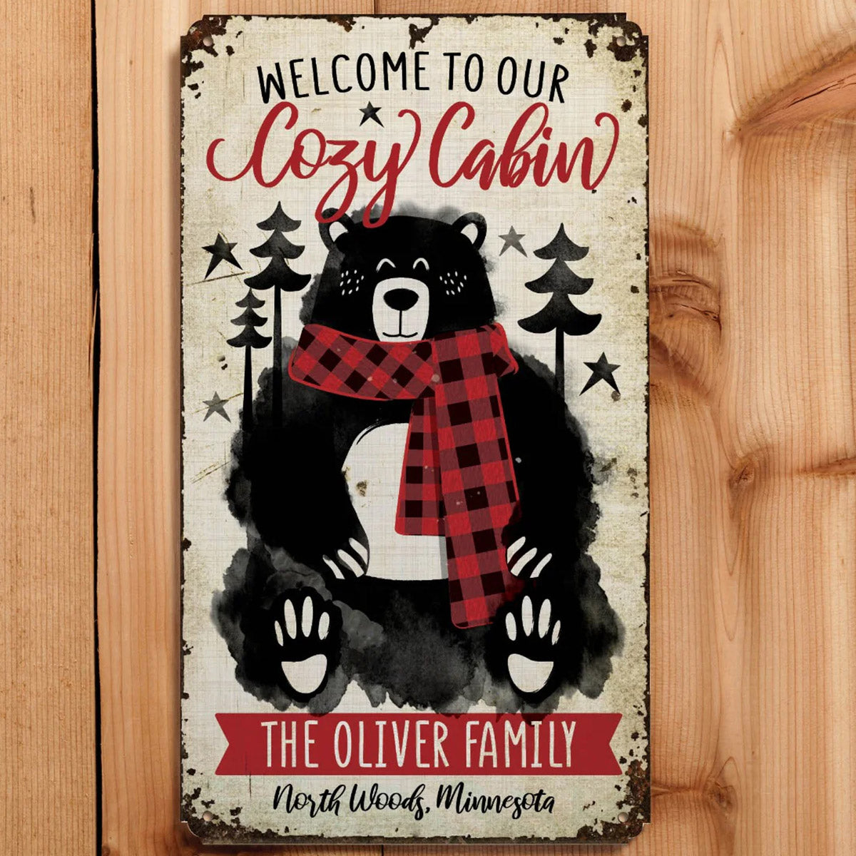 Snuggly Black Bear Personalized Cozy Cabin Sign