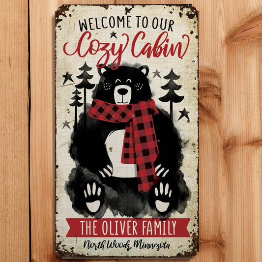 Snuggly Black Bear Personalized Cozy Cabin Sign