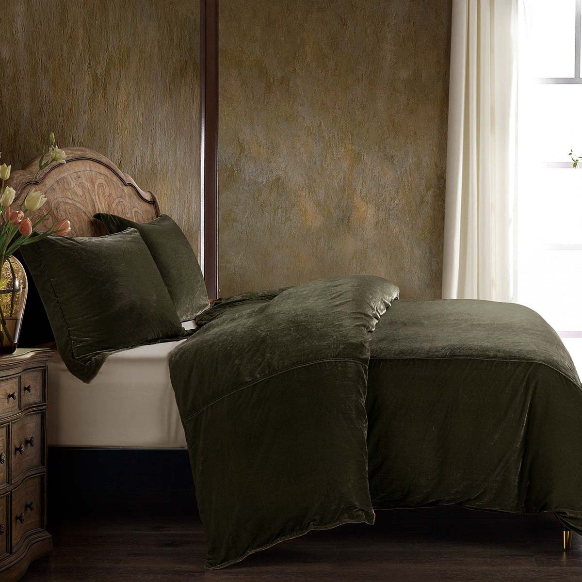 Green Velvet Duvet Cover Set - Queen