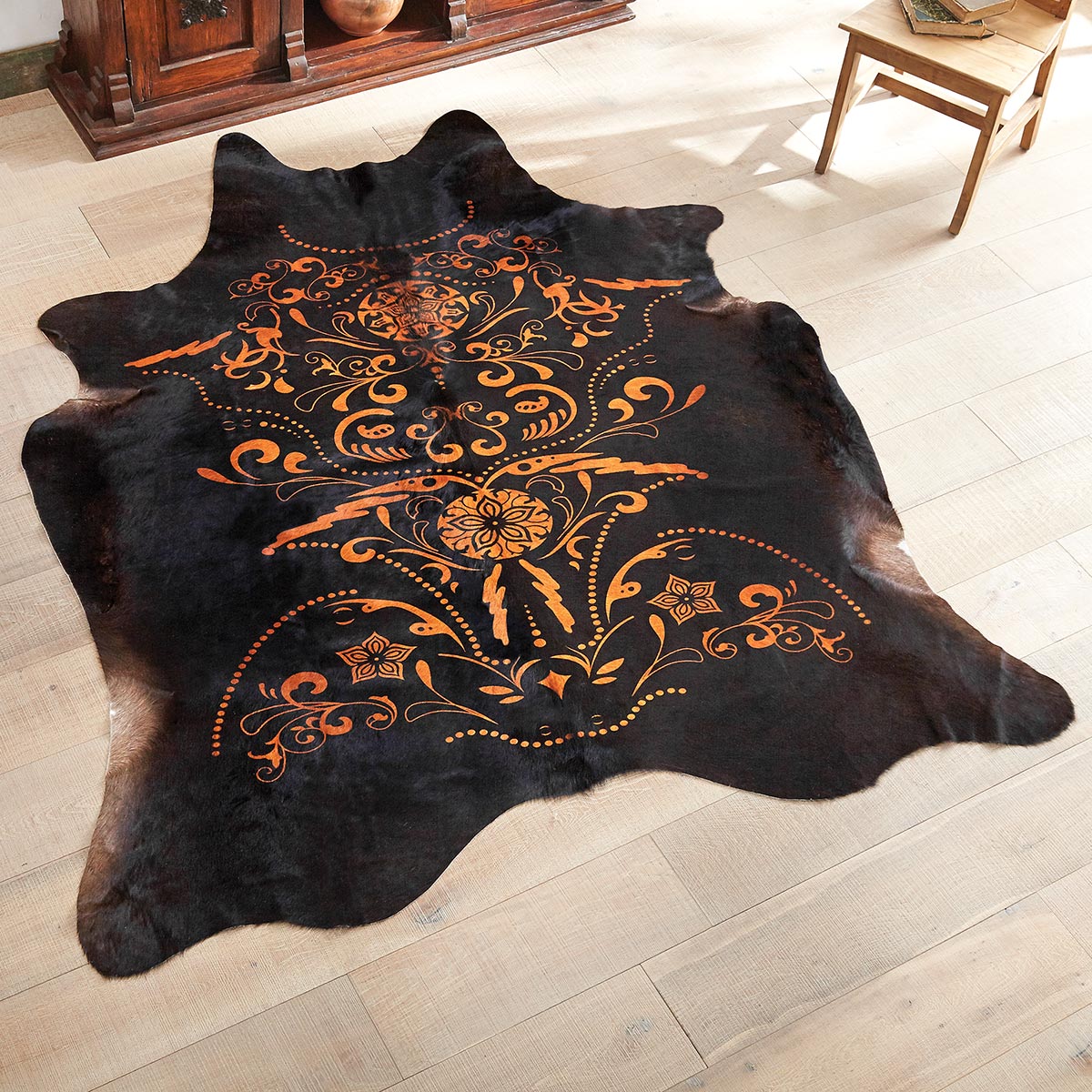Etched Filigree Black Cowhide Rug - Medium