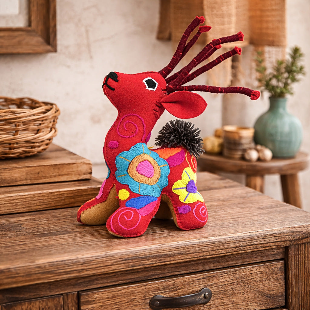 Whimsical Red Deer Fabric Sculpture
