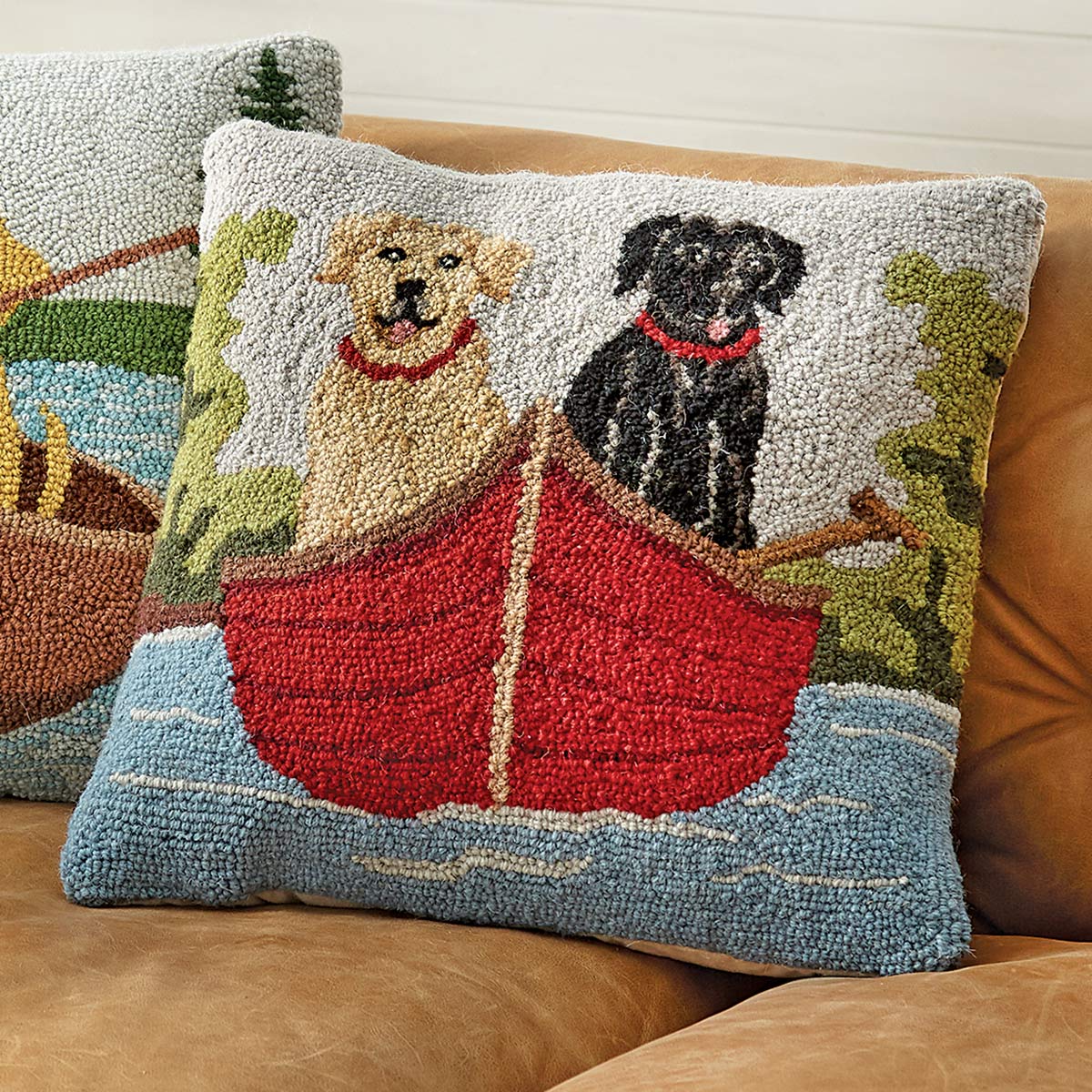 Canoe Dogs Hooked Pillow