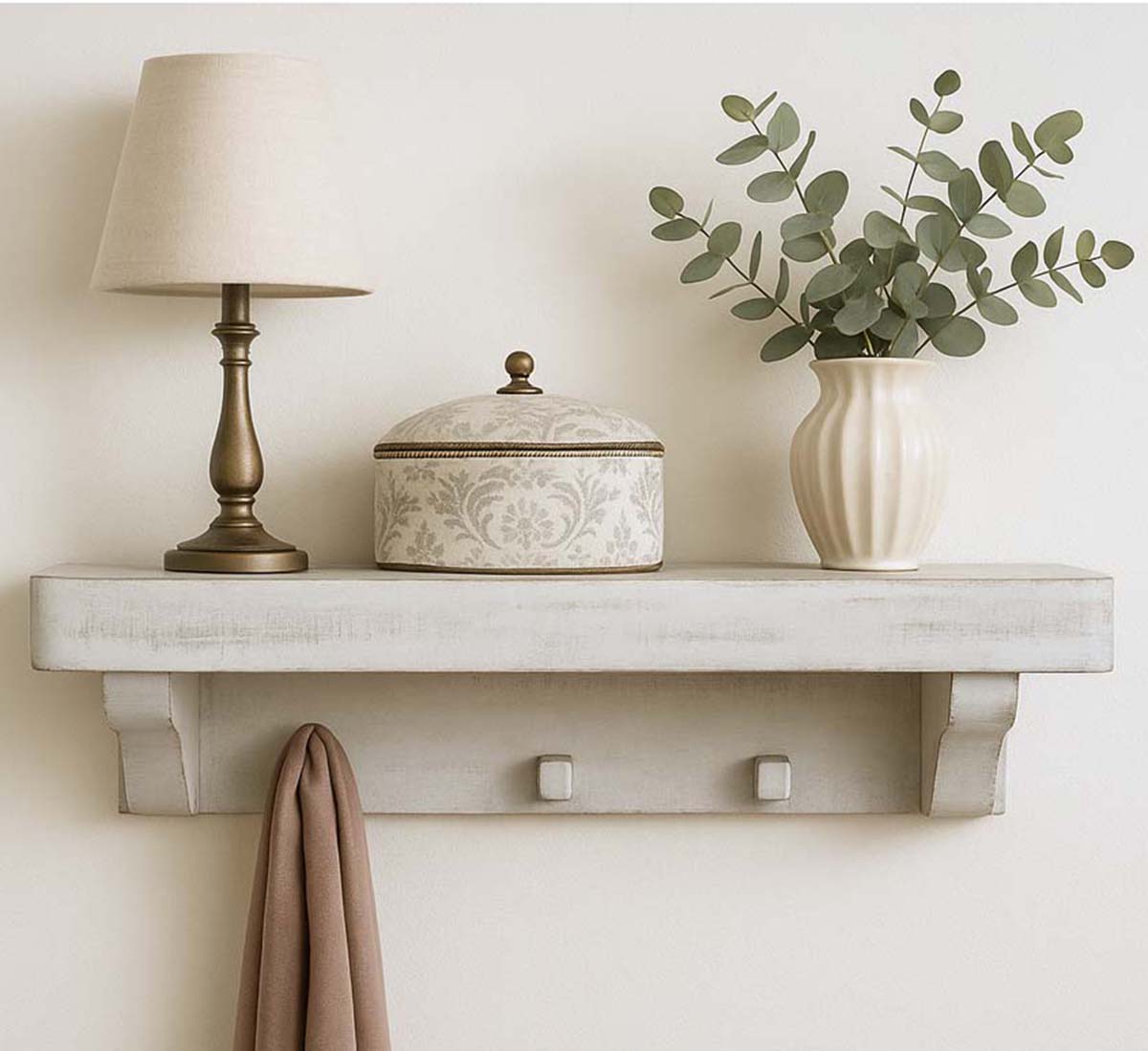 Collins Rough Cut Rustic White Wall Shelf with Pegs
