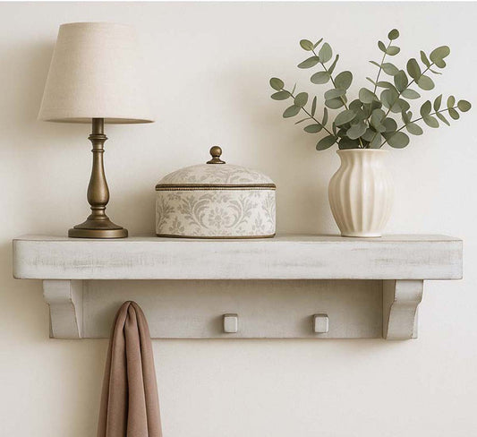 Collins Rough Cut Rustic White Wall Shelf with Pegs