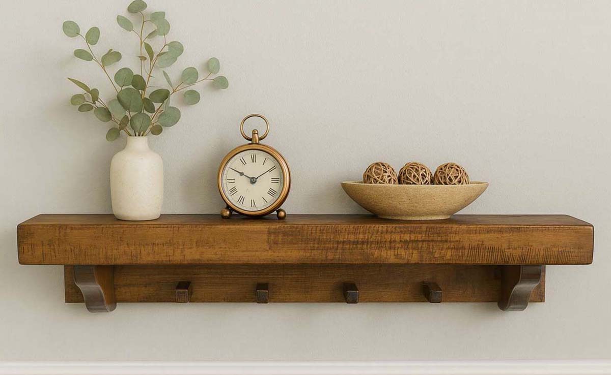 Collins Rough Cut American Stain Wall Shelf with Pegs