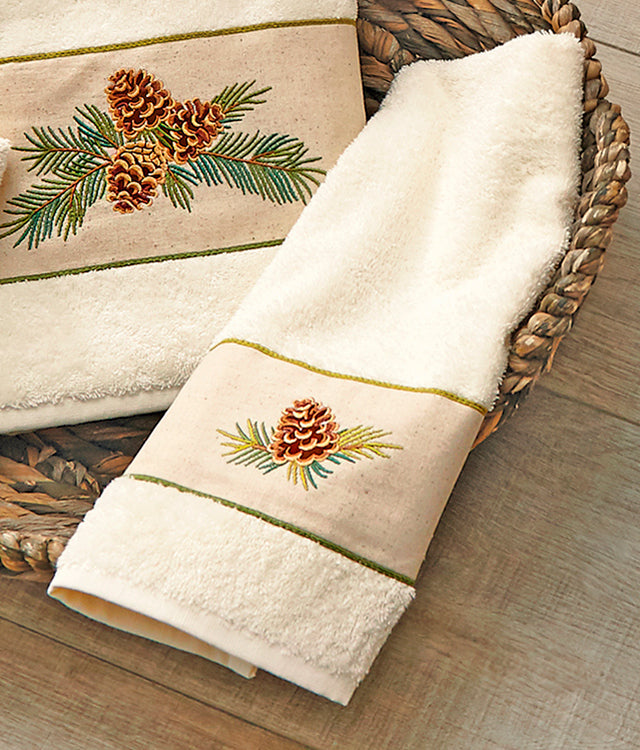 Woodland Embroidered Pinecones Hand Towel - Cream
