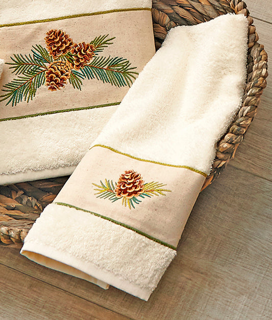 Woodland Embroidered Pinecones Hand Towel - Cream