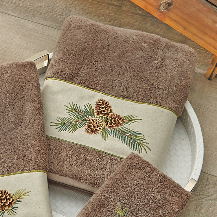 Woodland Embroidered Pinecones Bath Towel - Latte