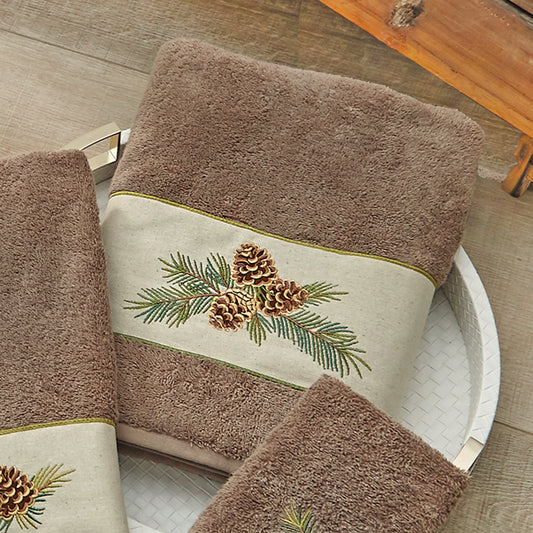 Woodland Embroidered Pinecones Bath Towel - Latte
