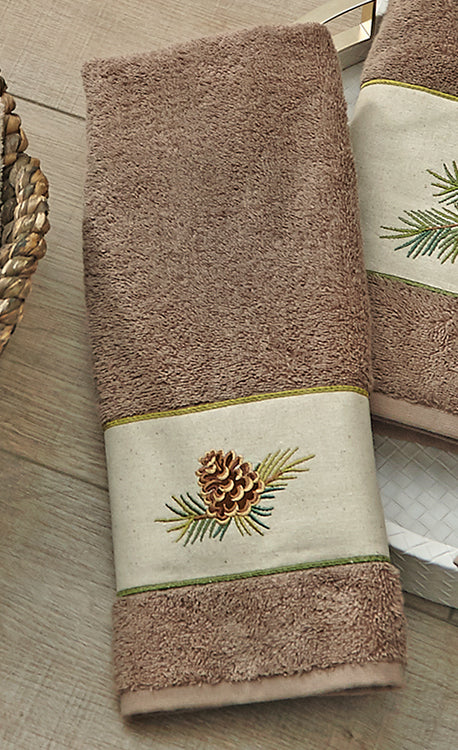 Woodland Embroidered Pinecones Hand Towel - Latte