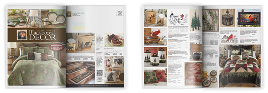 Open magazine spread featuring Black Forest Decor with images of furniture and decor items.