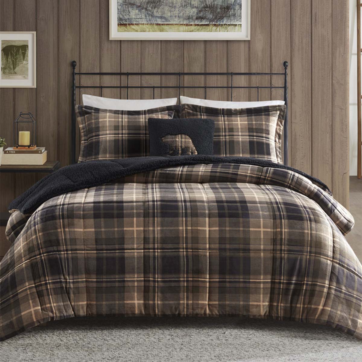 Brown Plaid Sherpa Comforter Set - Full/Queen