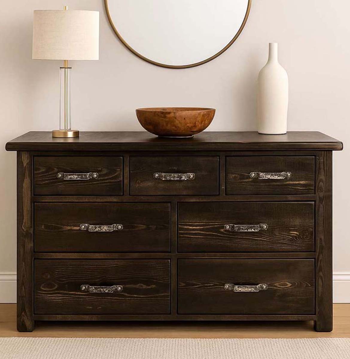 Lima Sawn 7 Drawer Dresser with Iron & Jacobean Stain