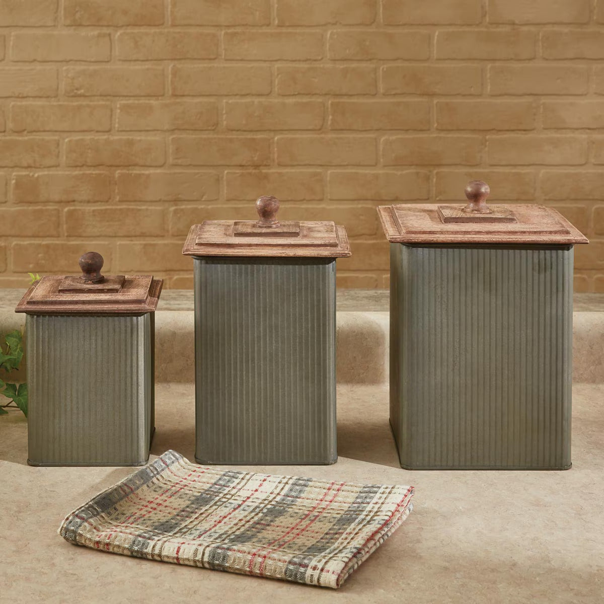 Iron Canisters with Wood Lids - Set of 3