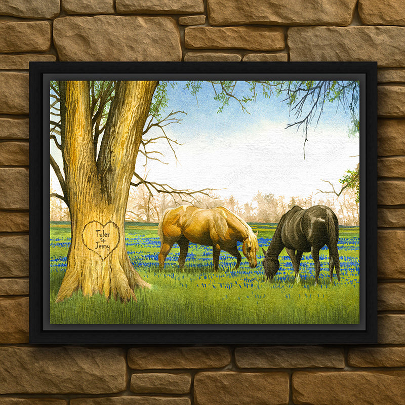 Bluebonnet Spring Personalized Horse Framed Canvas Art