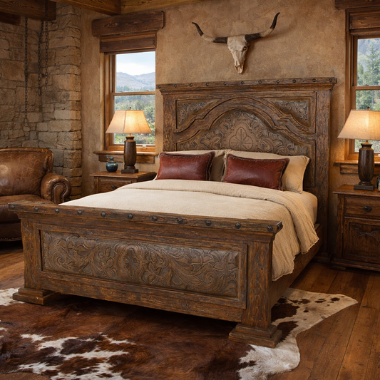 Roundup Solid Wood & Tooled Leather Beds