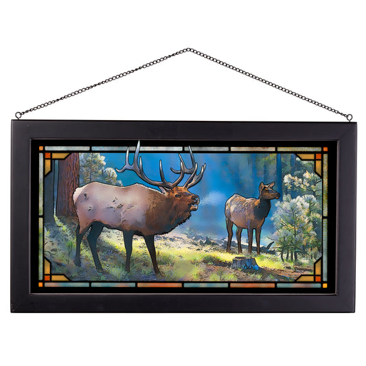 Lakeside Elk Stained Glass Art - Black Frame