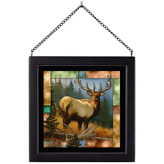 Mountainside Elk Stained Glass Art - Black Frame
