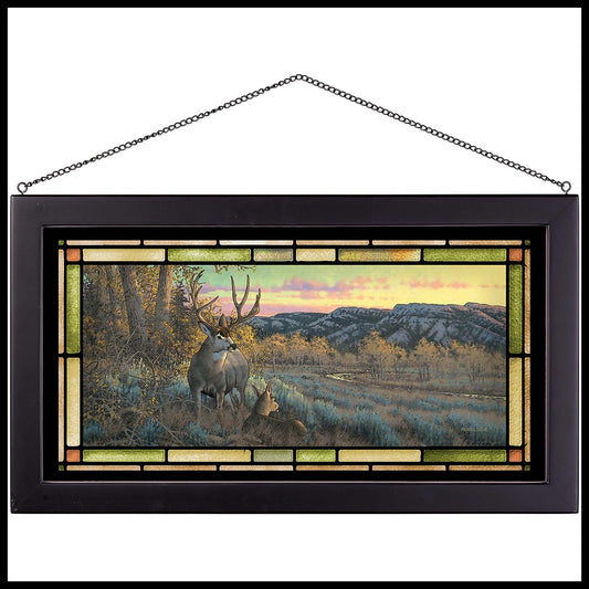 Evening Deer Stained Glass Art - Black Frame