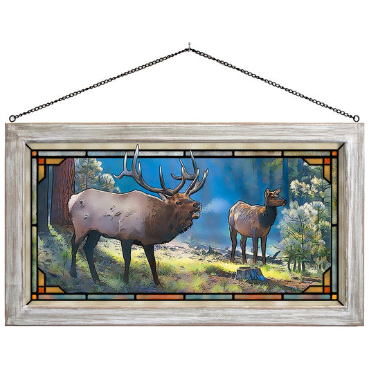 Lakeside Elk Stained Glass Art - White Frame