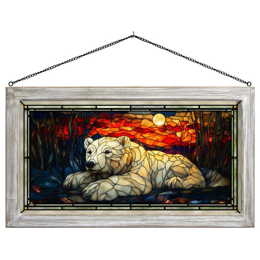 Polar Bear Sunset Stained Glass Art - White Frame