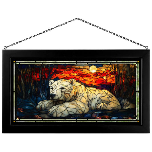 Polar Bear Sunset Stained Glass Art - Black Frame