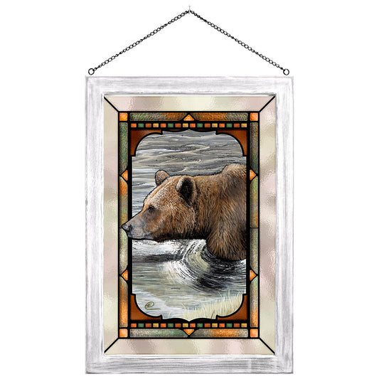 River Bear Stained Glass Art - White Frame