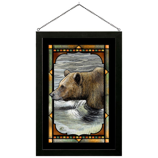 River Bear Stained Glass Art - Black Frame