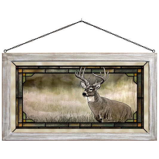 Deer Meadow Stained Glass Art - White Frame