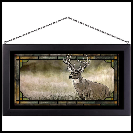Deer Meadow Stained Glass Art - Black Frame