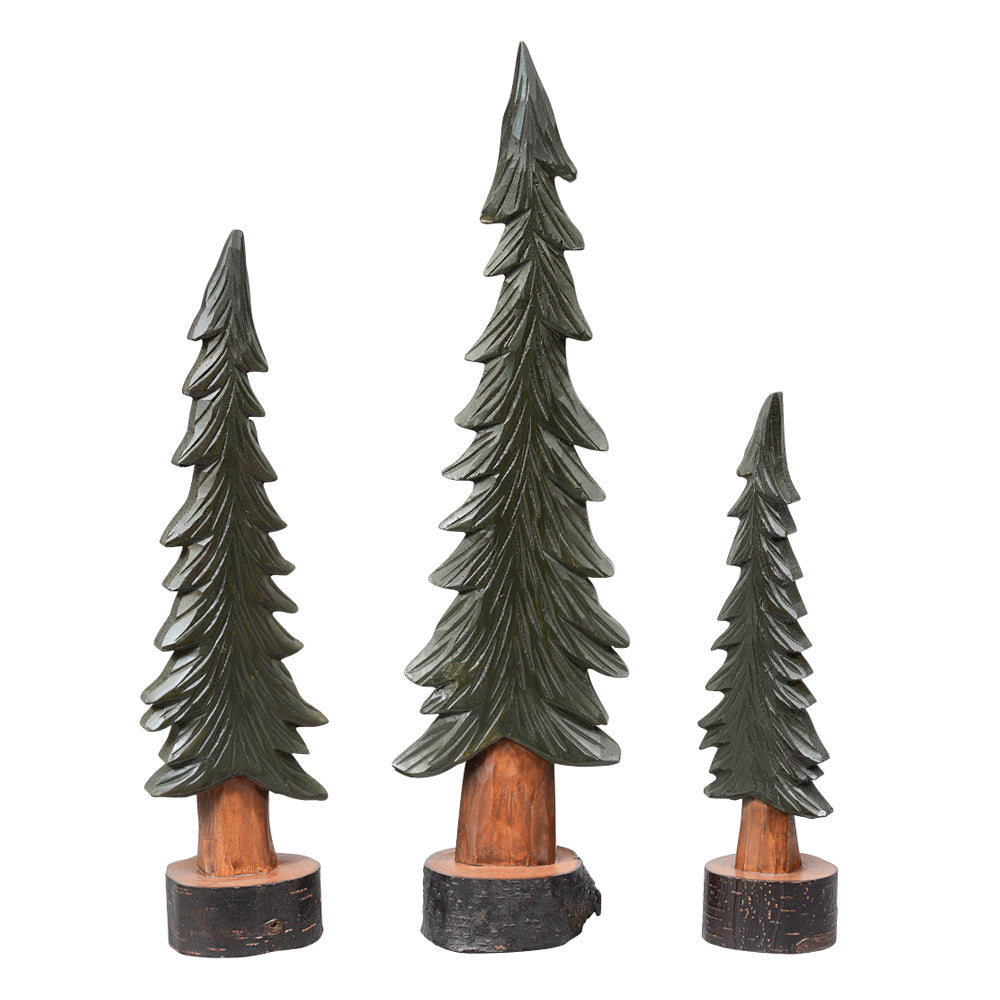 Wood Carved Pine Trees - Set of 3
