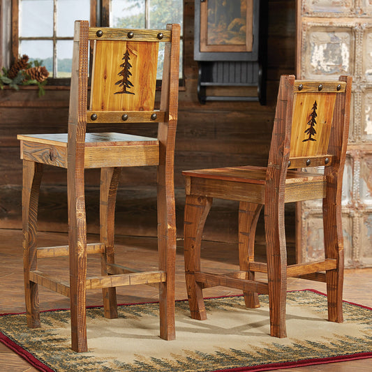 Barnwood Barstools w/ Carved Tree