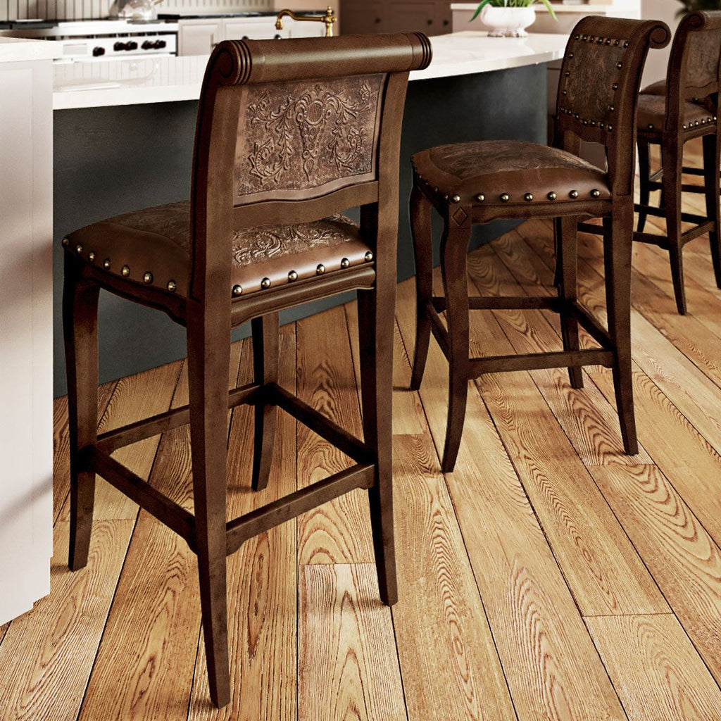 Imperial Counter Stool with Antique Brown Tooled Leather - Set of 2