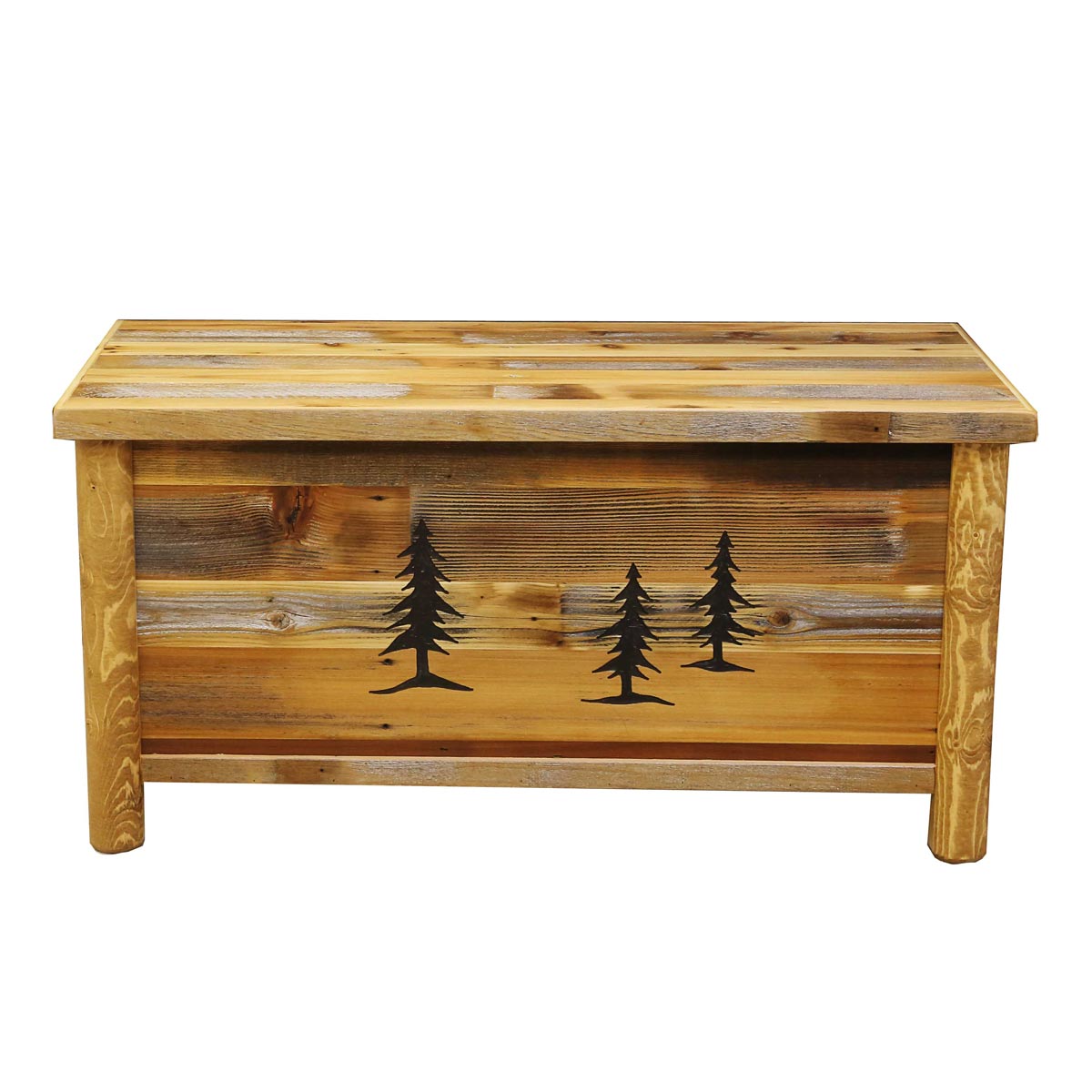 Barnwood Blanket Chest with Tree Carving - 48 Inch