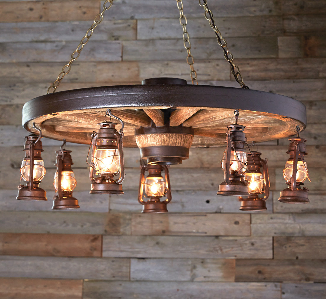 Rustic Chandeliers: Large Wagon Wheel Chandelier with Rustic Lanterns