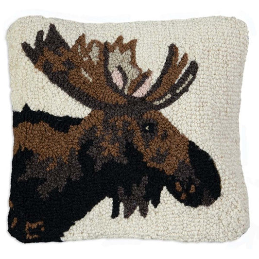 Moose Portrait Hooked Wool 14 x 14 Pillow