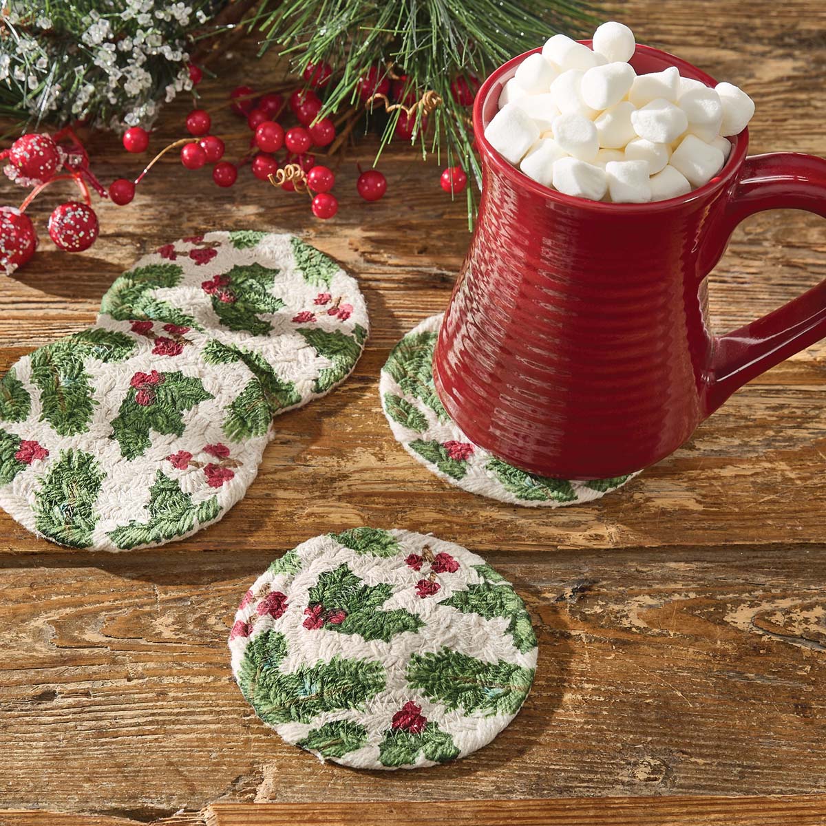 Holly Berry Braided Coasters - Set of 4