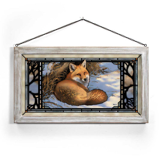 Fox at Rest Stained Glass Art with White Frame