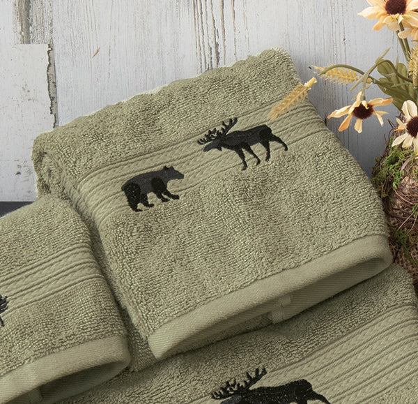 Moose & Bear Woodland Moss Embroidered Hand Towel