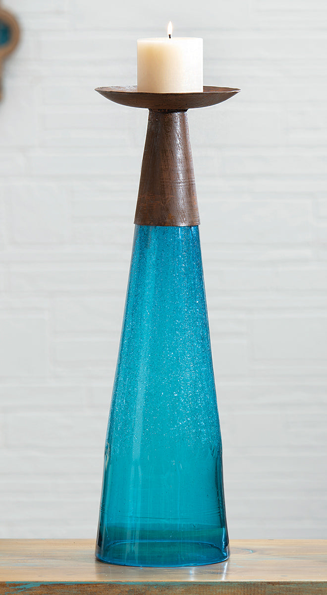Reversible Candle Holder / Vase with Crackled Turquoise Glass and Candle - Large