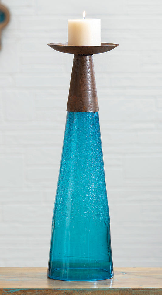 Reversible Candle Holder / Vase with Crackled Turquoise Glass and Candle - Large