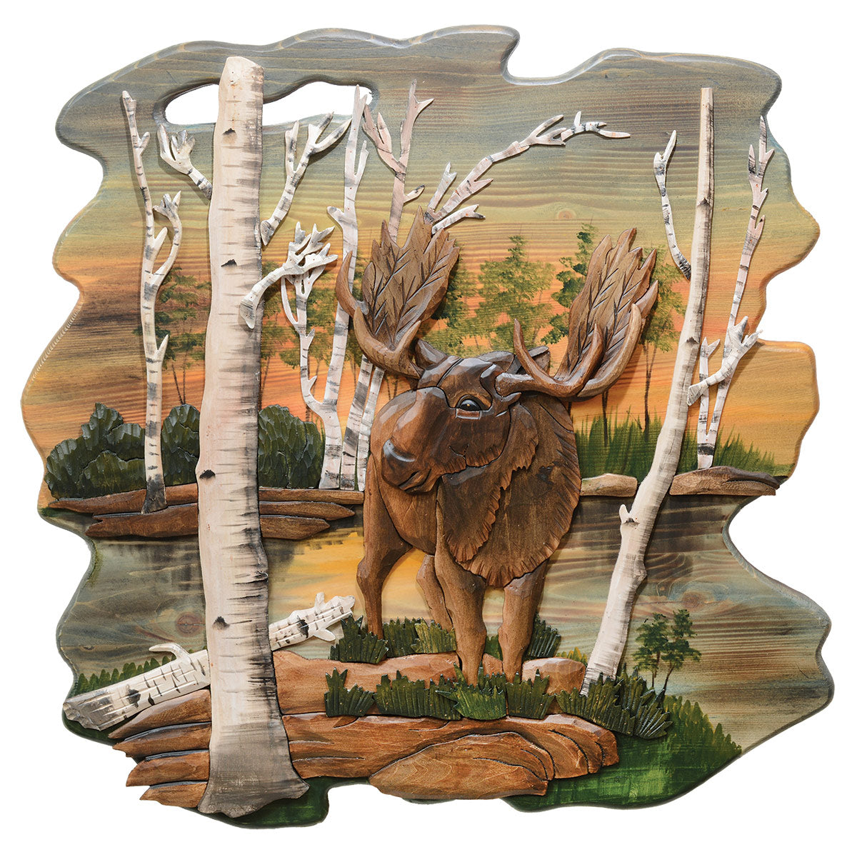 Moose in Birch Wood Wall Carving