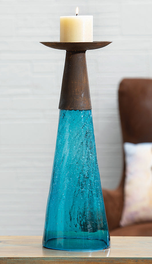 Reversible Candle Holder / Vase with Crackled Turquoise Glass and Candle - Medium