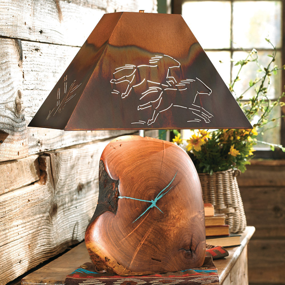 Mesquite Turquoise Lamp with Copper Horse Shade - 25 Inch