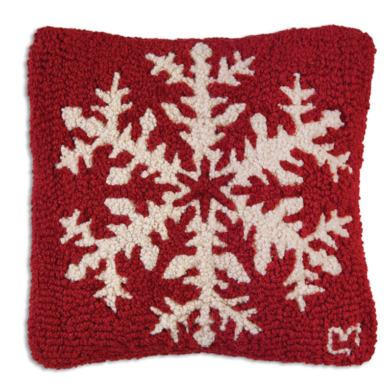 Red Snow Flurry Hooked Wood Pillow