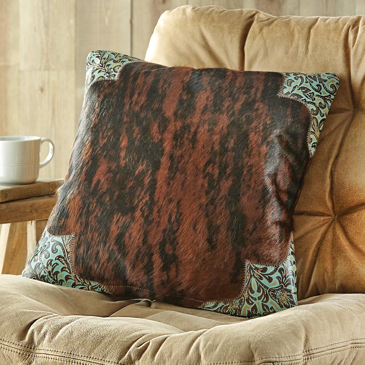 Highland & Teal Floral Cowhide Pillow - Small