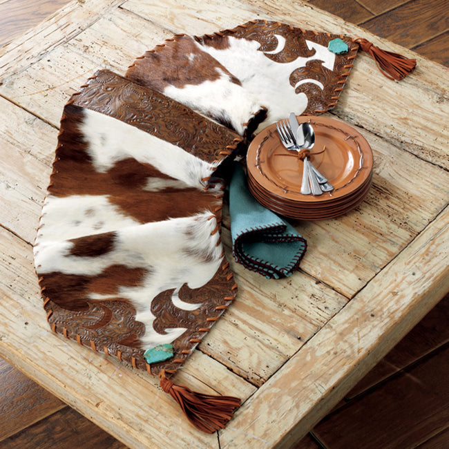 Cowhide and Turquoise Table Runner - Medium